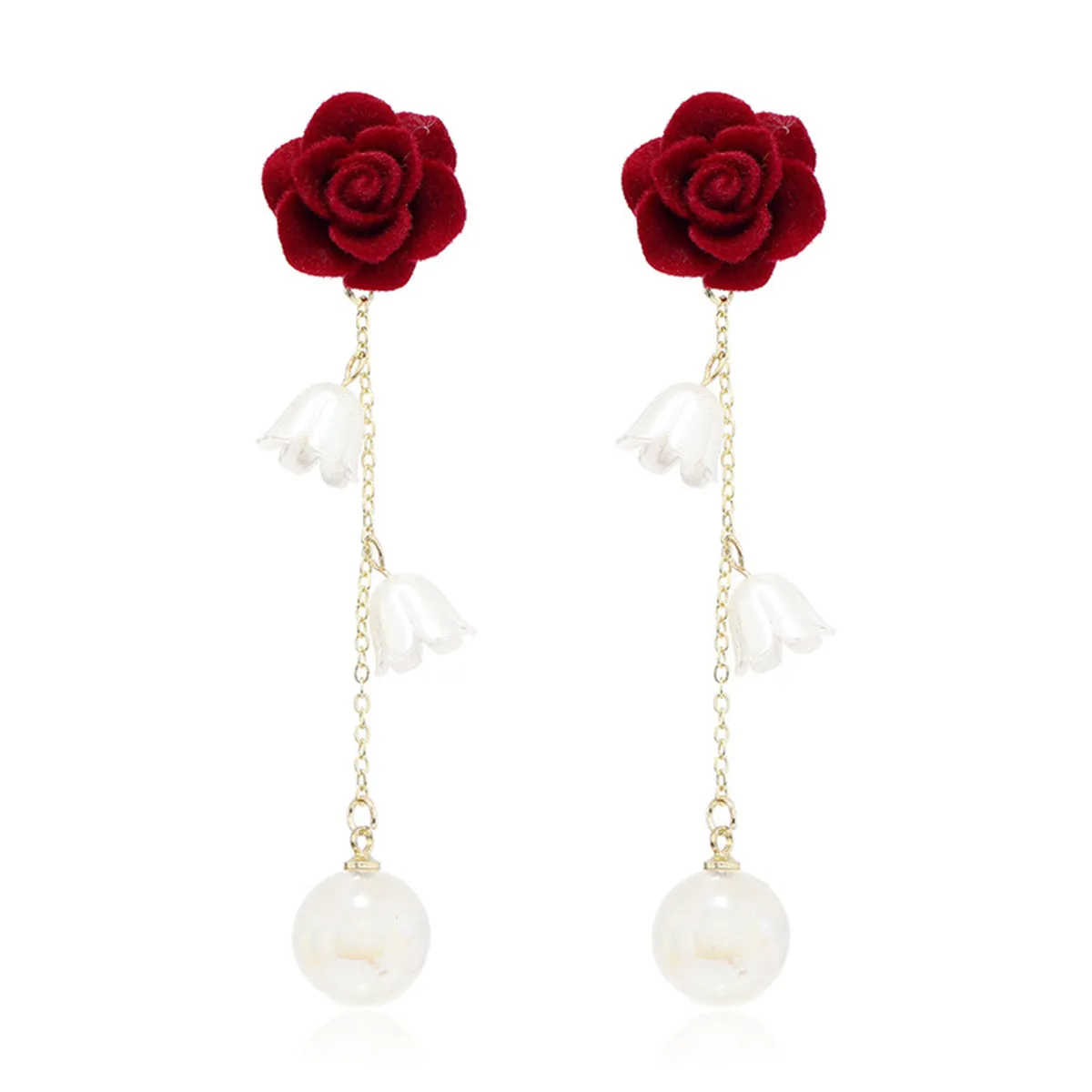 Pearl & Wine Red Nylon 18K Gold-Plated Rose Drop Earrings