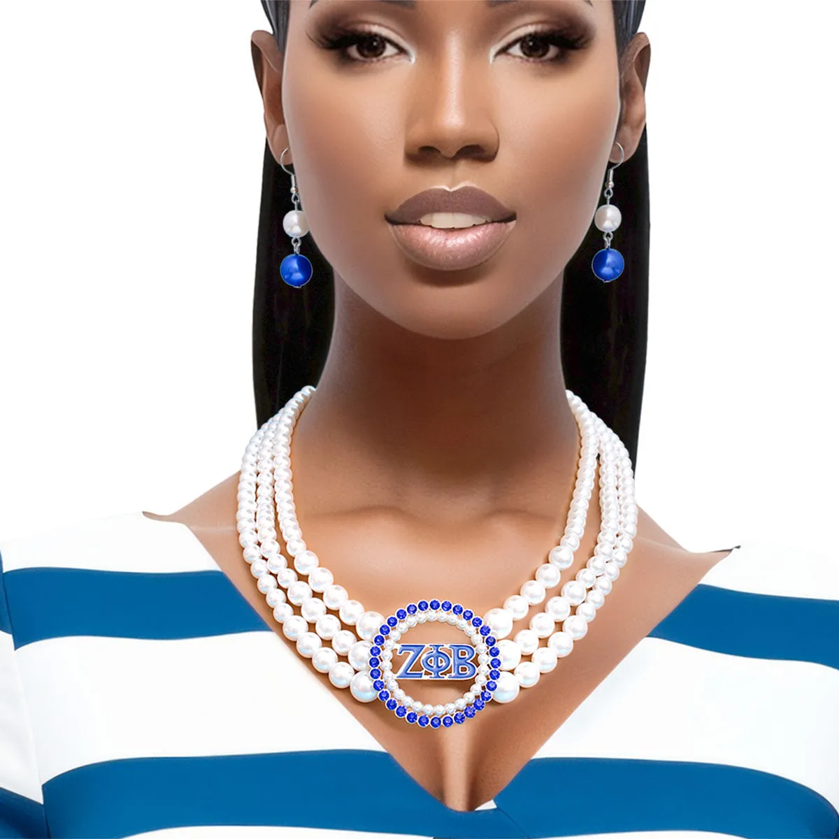 Pearl Necklace Blue White Zeta Set