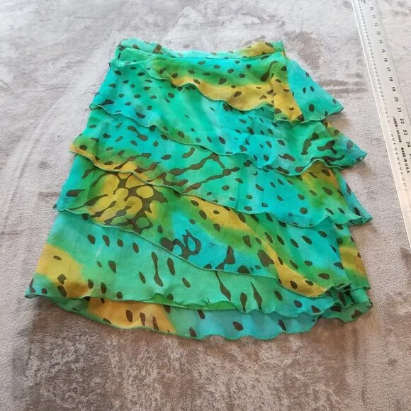 Philosophy Women's Size 2 Green Printed Tiered Ruffle Silk Skirt Side Zip Italy