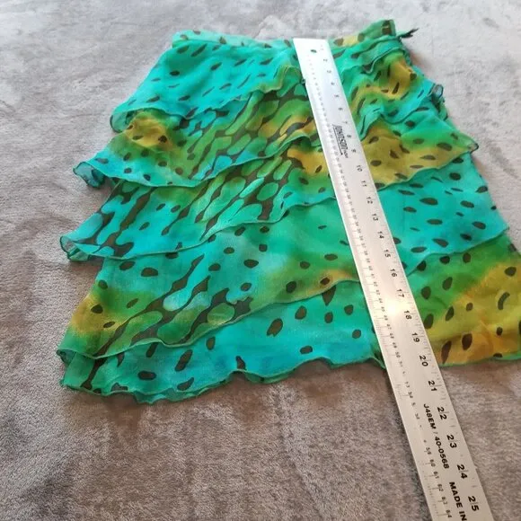 Philosophy Women's Size 2 Green Printed Tiered Ruffle Silk Skirt Side Zip Italy