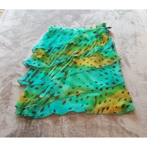 Philosophy Women's Size 2 Green Printed Tiered Ruffle Silk Skirt Side Zip Italy