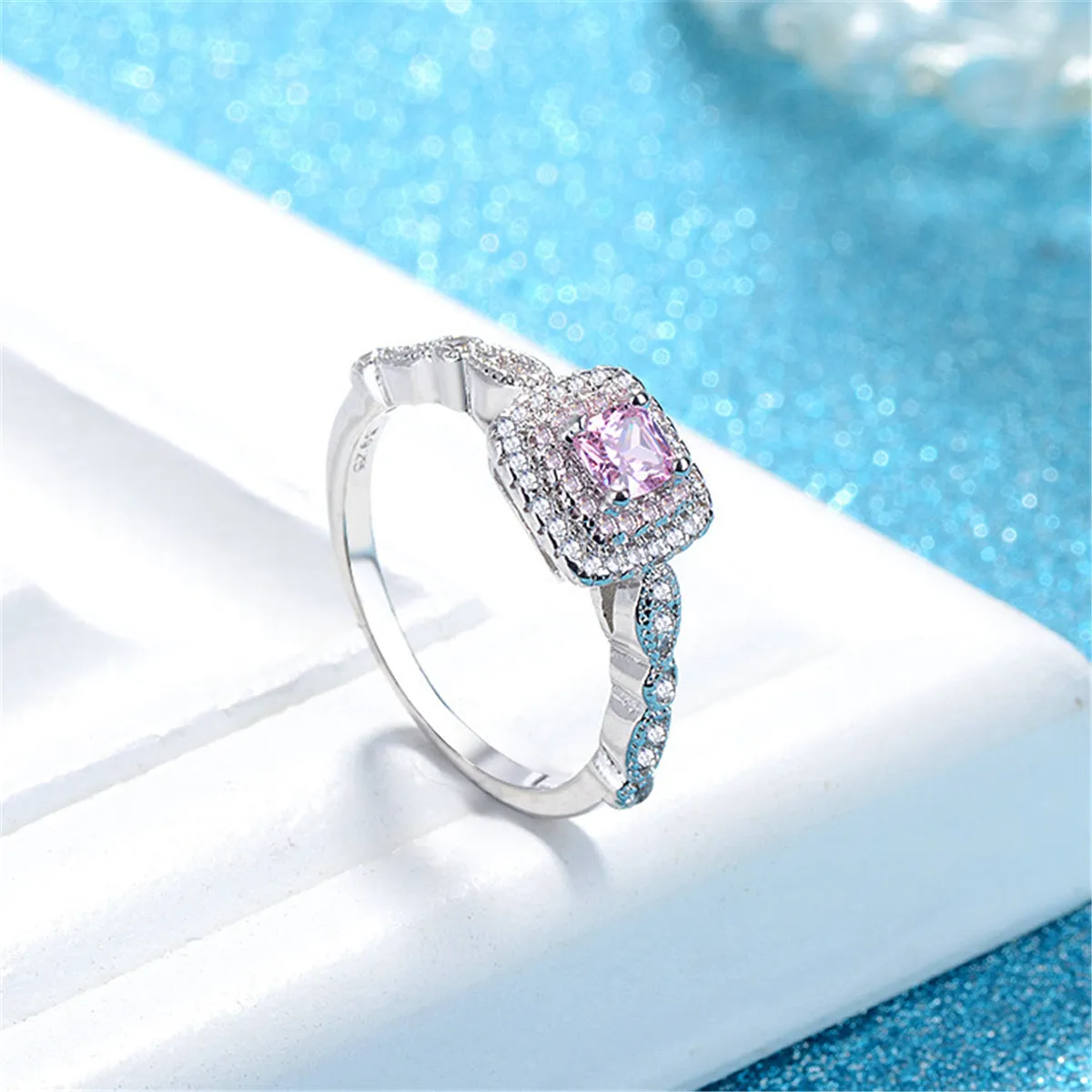 Pink Cushion Crystal & Cubic Zirconia Halo Ring