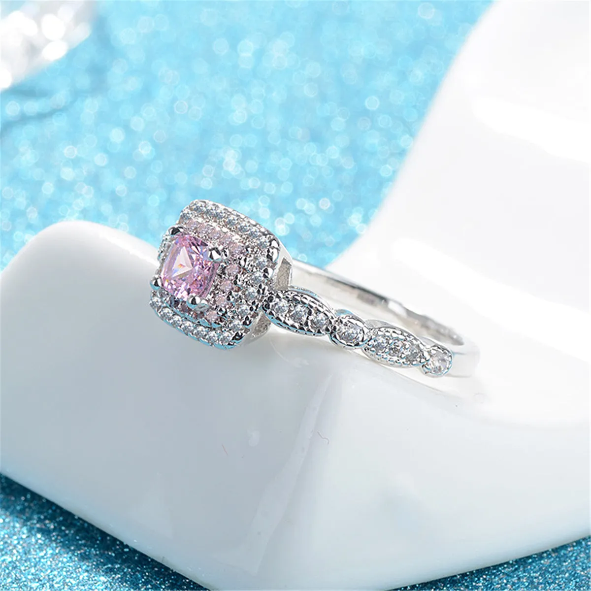 Pink Cushion Crystal & Cubic Zirconia Halo Ring
