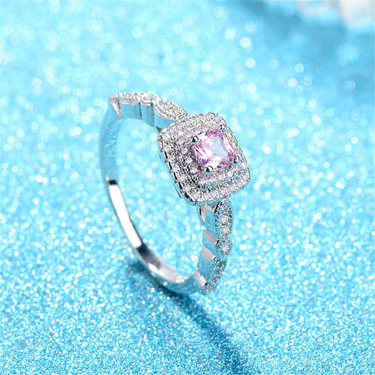 Pink Cushion Crystal & Cubic Zirconia Halo Ring