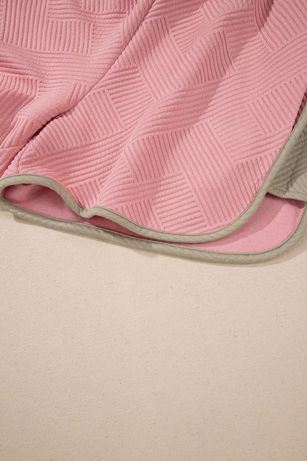 Pink Textured Colorblock Patchwork Tee Two Piece Shorts Set