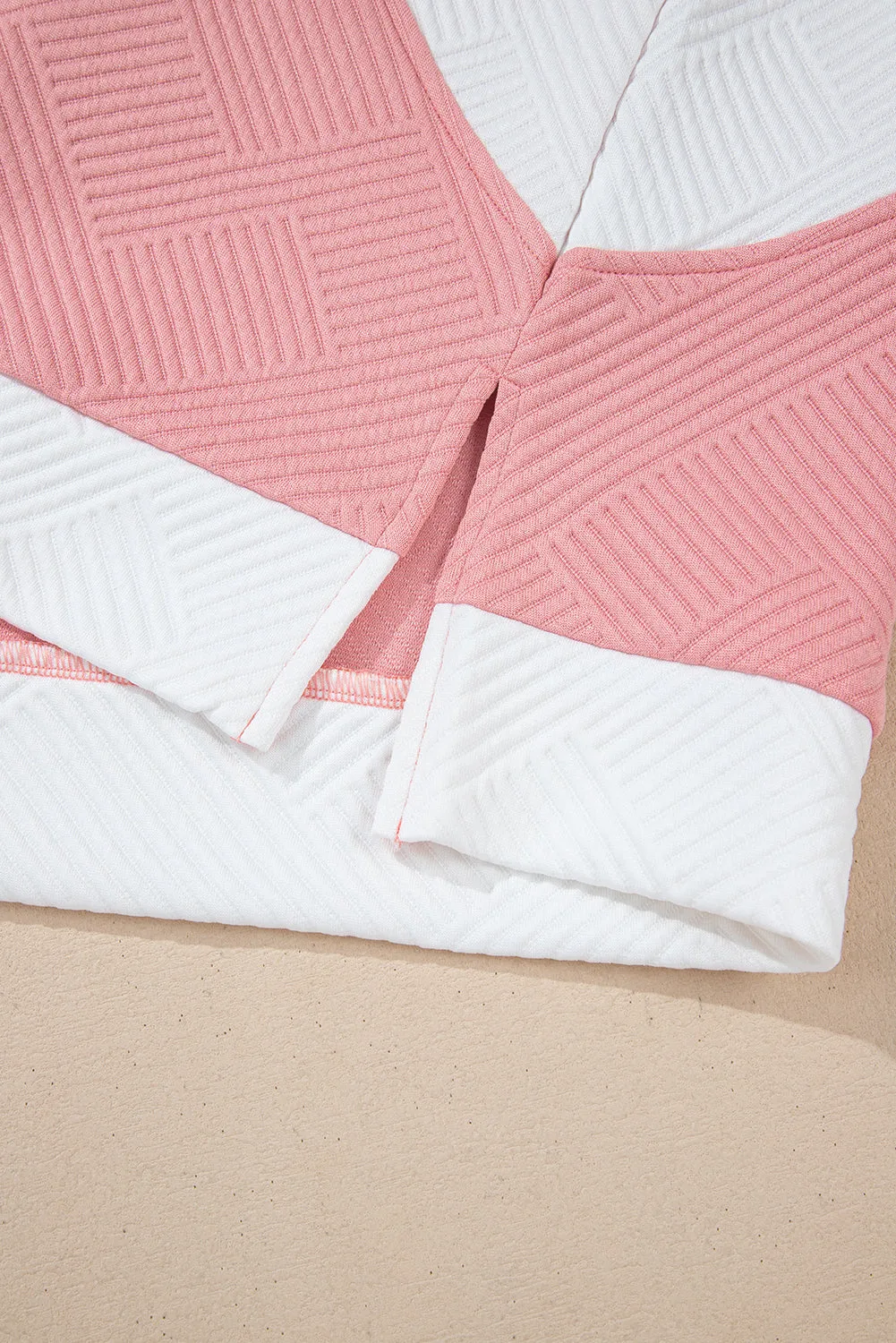 Pink Textured Colorblock Patchwork Tee Two Piece Shorts Set