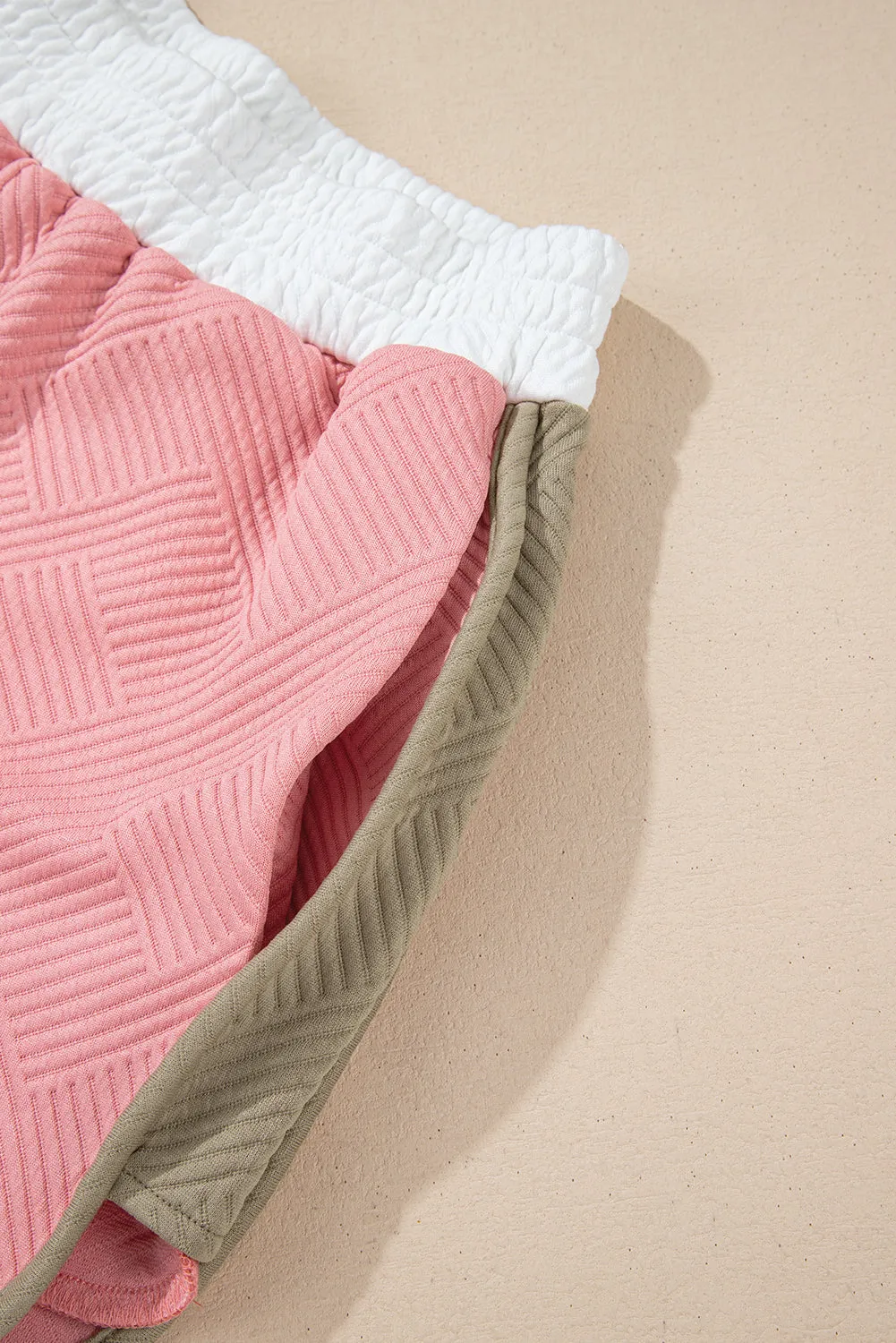 Pink Textured Colorblock Patchwork Tee Two Piece Shorts Set