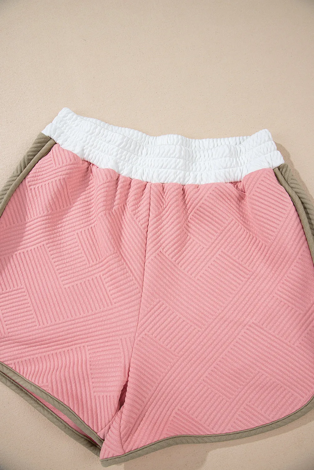 Pink Textured Colorblock Patchwork Tee Two Piece Shorts Set
