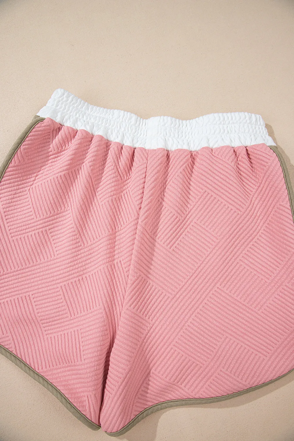 Pink Textured Colorblock Patchwork Tee Two Piece Shorts Set