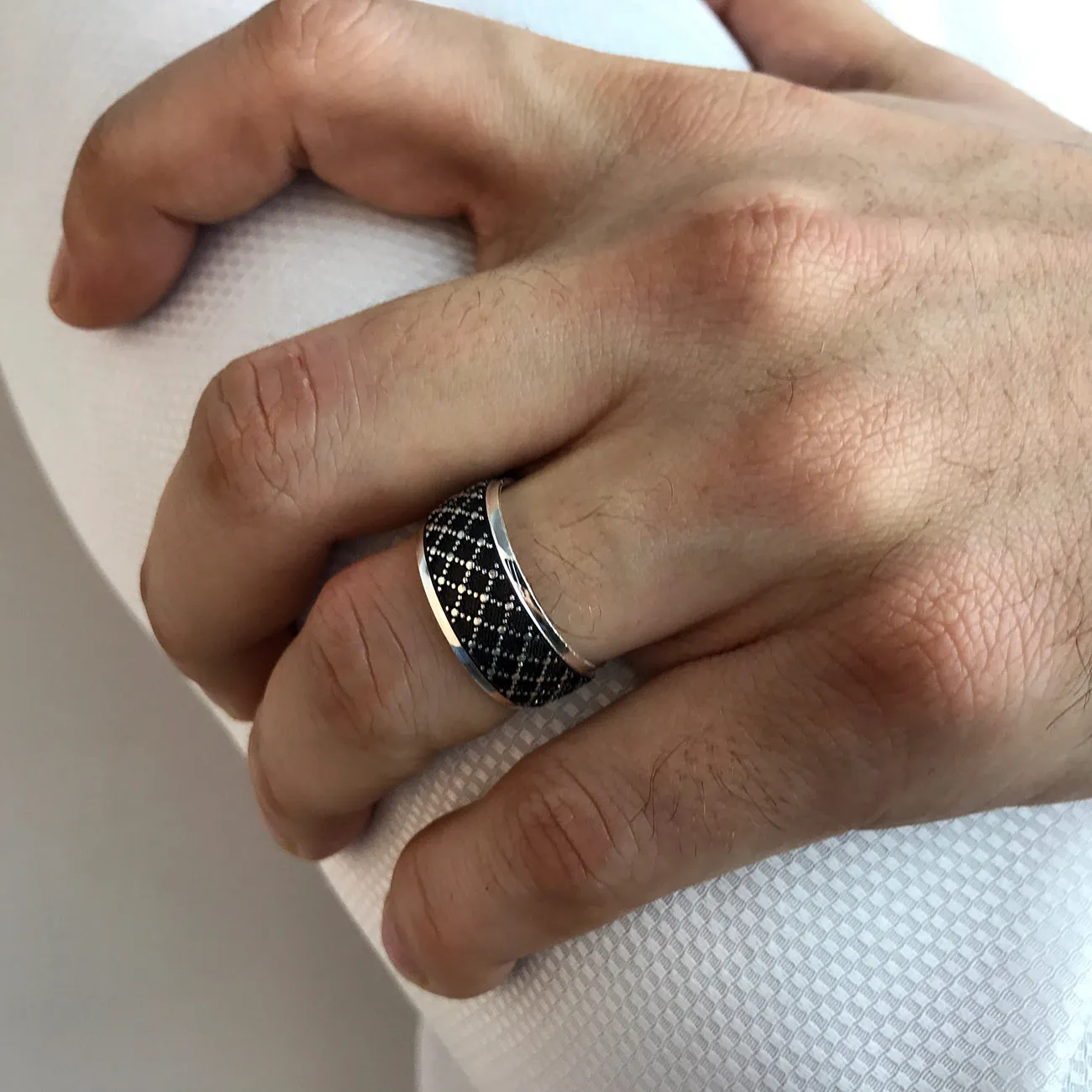 Plaid Design Oxidized Sterling Silver Band Ring