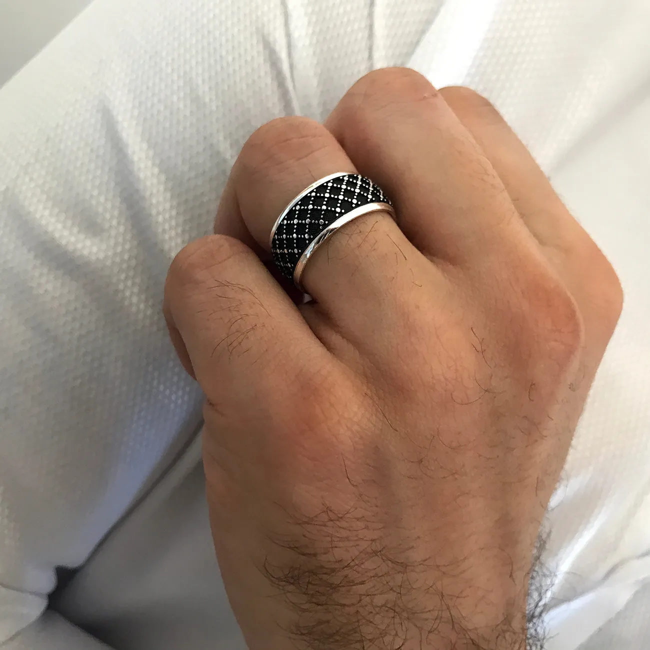 Plaid Design Oxidized Sterling Silver Band Ring