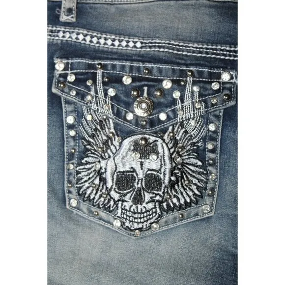 Platinum Plush Rhinestone Women's Shorts Denim Pants embroidered Skull Size 2X