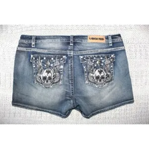 Platinum Plush Rhinestone Women's Shorts Denim Pants embroidered Skull Size 2X