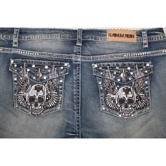 Platinum Plush Rhinestone Women's Shorts Denim Pants embroidered Skull Size 2X