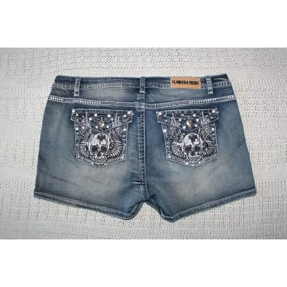 Platinum Plush Rhinestone Women's Shorts Denim Pants embroidered Skull Size 2X