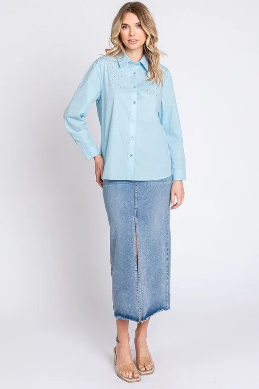 Plus Rhinestone Button Up Shirt