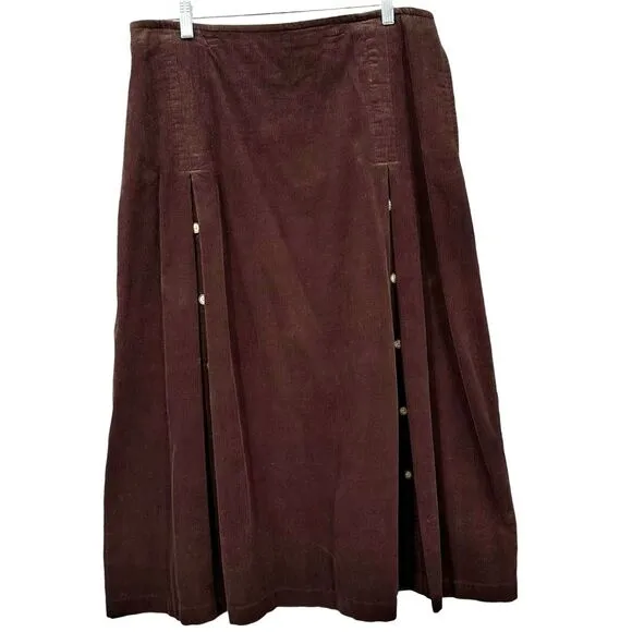 Poetry Women's Brown Corduroy Maxi Skirt Front Pleats with button Detail Size 12