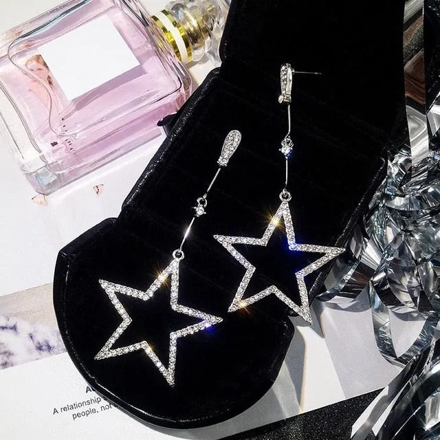 Popular Long Rhinestone Crystal Star Drop Earrings