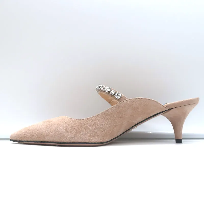 Prada Crystal Strap Mules Beige Suede Size 38 Pointed Toe Kitten Heel Pumps