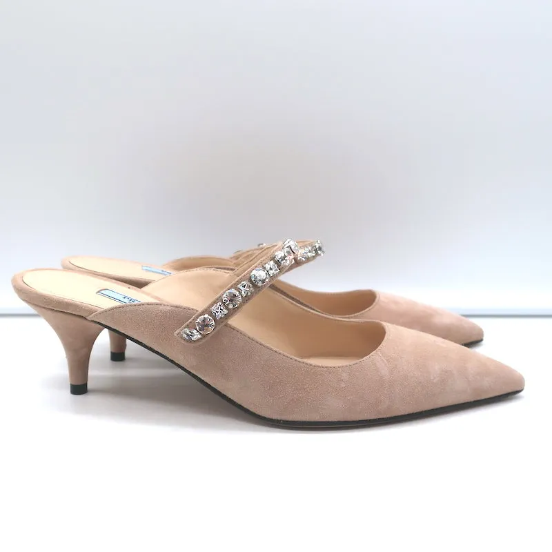 Prada Crystal Strap Mules Beige Suede Size 38 Pointed Toe Kitten Heel Pumps