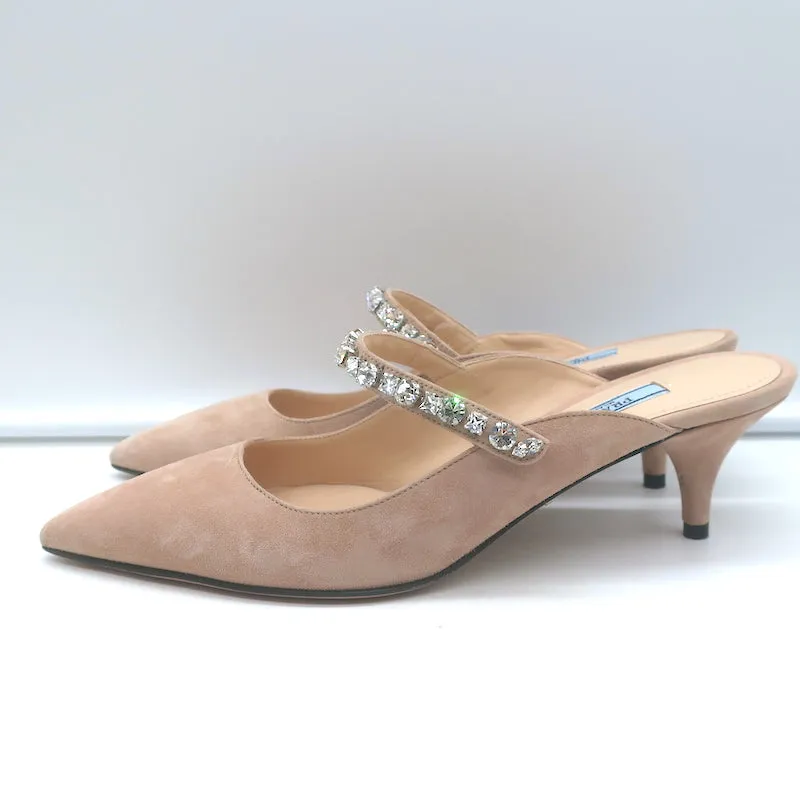 Prada Crystal Strap Mules Beige Suede Size 38 Pointed Toe Kitten Heel Pumps