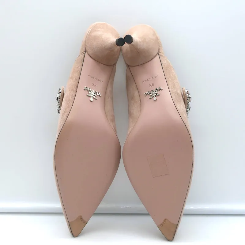 Prada Crystal Strap Mules Beige Suede Size 38 Pointed Toe Kitten Heel Pumps