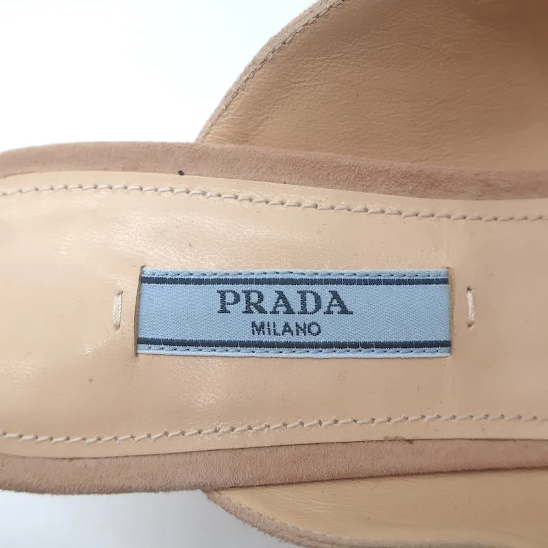 Prada Crystal Strap Mules Beige Suede Size 38 Pointed Toe Kitten Heel Pumps
