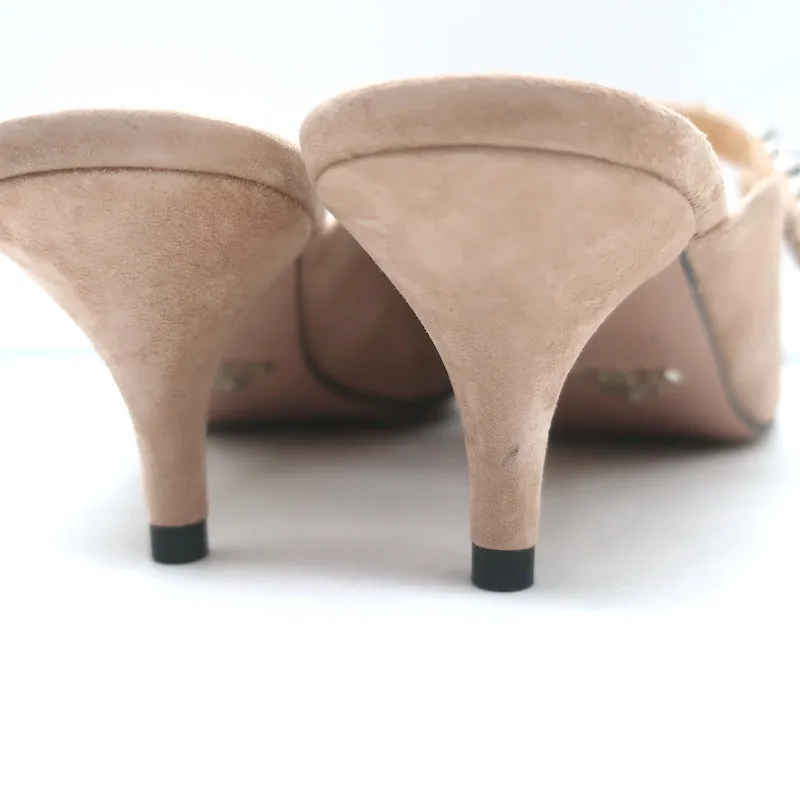 Prada Crystal Strap Mules Beige Suede Size 38 Pointed Toe Kitten Heel Pumps