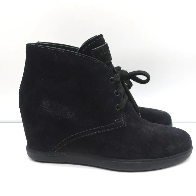 Prada Linea Rossa Desert Wedge Boots Black Suede Size 39 Lace-Up Booties