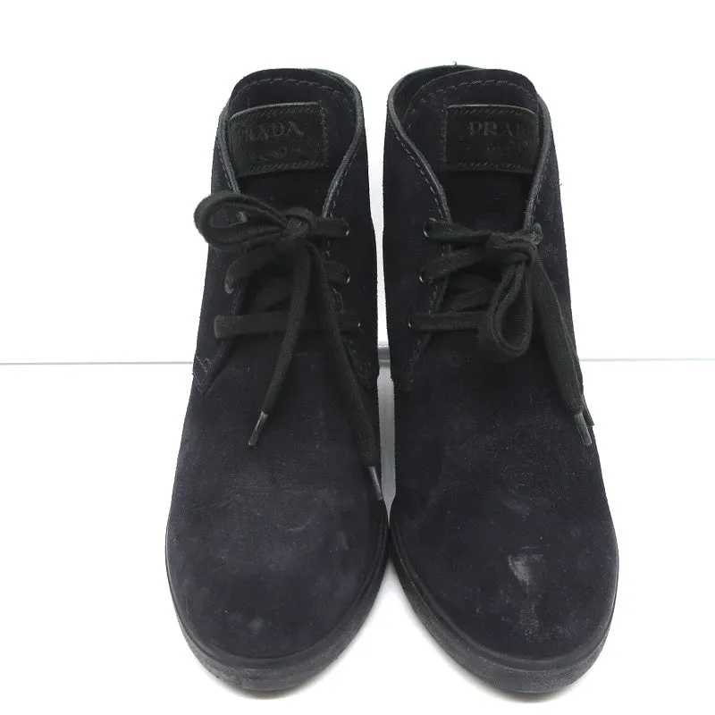 Prada Linea Rossa Desert Wedge Boots Black Suede Size 39 Lace-Up Booties
