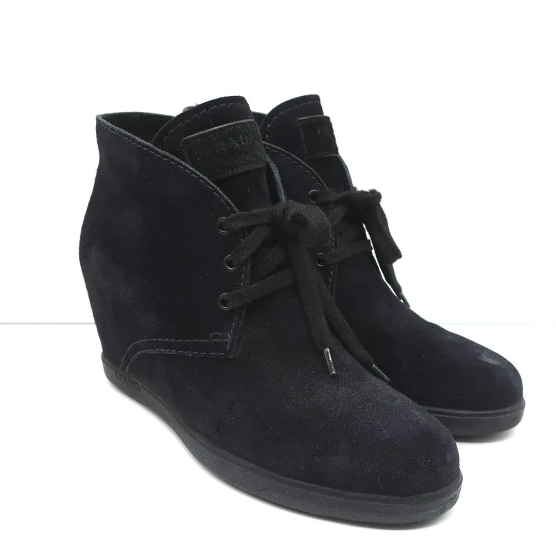 Prada Linea Rossa Desert Wedge Boots Black Suede Size 39 Lace-Up Booties