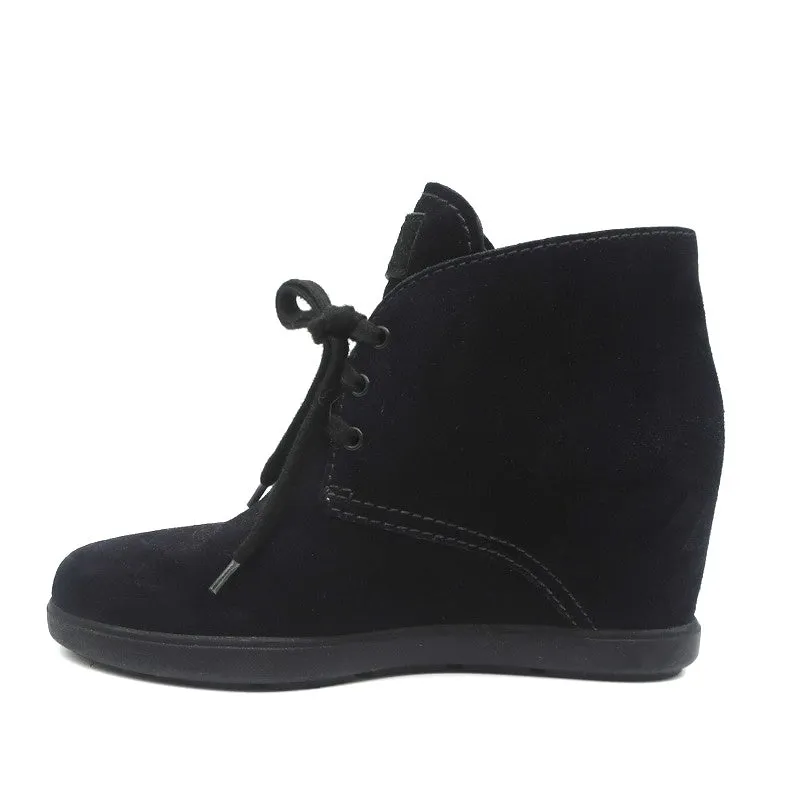 Prada Linea Rossa Desert Wedge Boots Black Suede Size 39 Lace-Up Booties