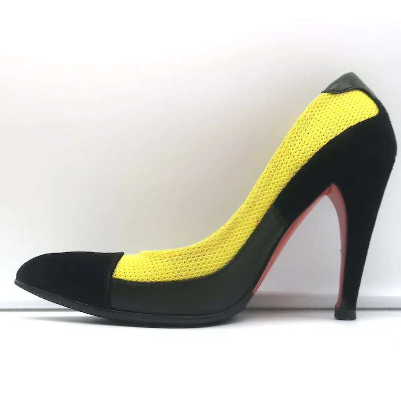 Prada Pumps Yellow Mesh & Black Suede Size 36.5 Pointed Toe Heels