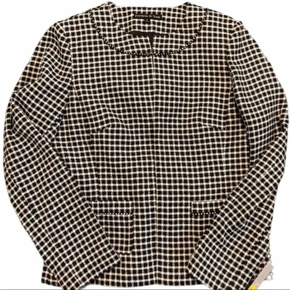 PRESTON &amp; YORK Houndstooth Monochrome Open Blazer Rhinestone Detail