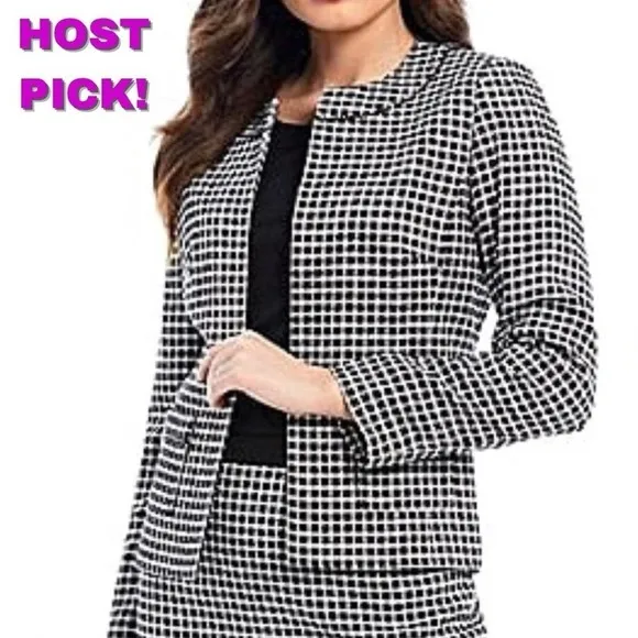 PRESTON &amp; YORK Houndstooth Monochrome Open Blazer Rhinestone Detail