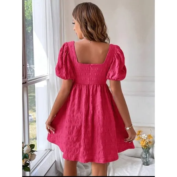 Puff sleeve square neck mini dress textured boho royal blue
