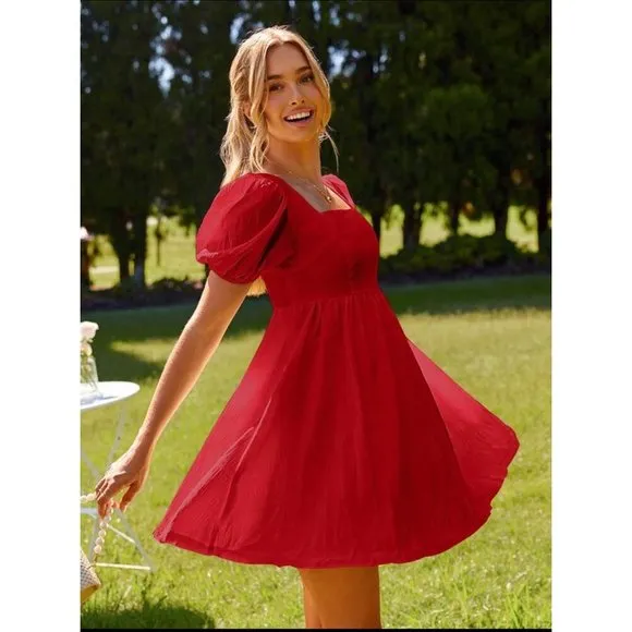 Puff sleeve square neck mini dress textured boho royal blue