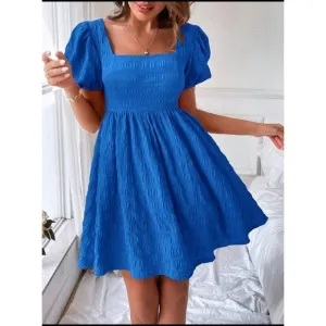 Puff sleeve square neck mini dress textured boho royal blue