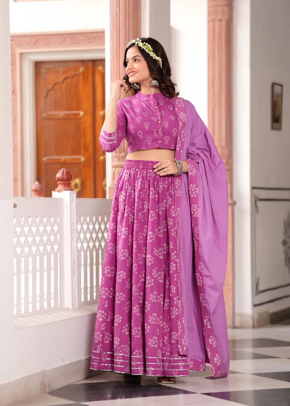 Purple  Block Print Flora lehenga choli Set