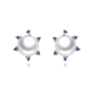 Purple Cubic Zirconia & Pearl Silver-Plated Stud Earrings