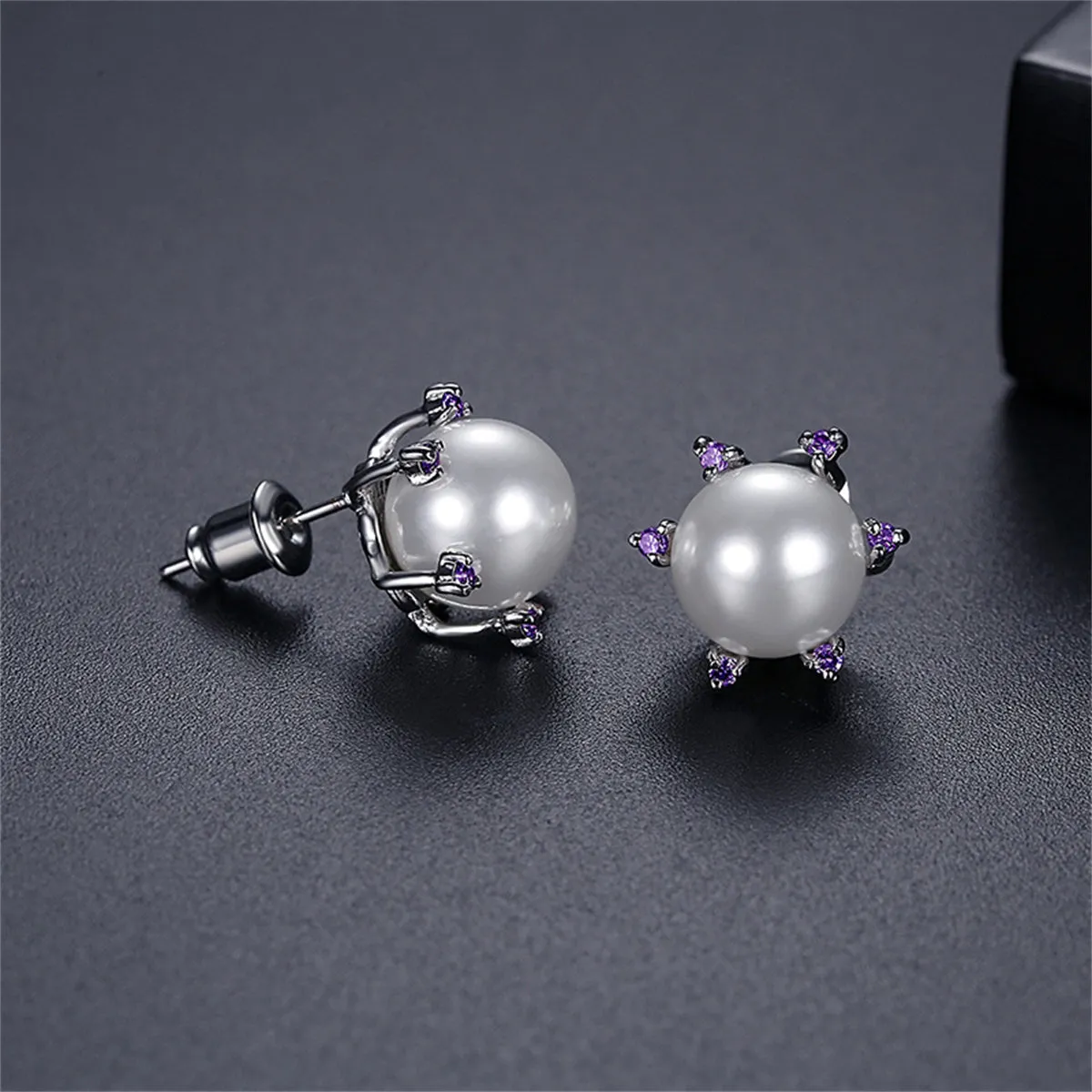 Purple Cubic Zirconia & Pearl Silver-Plated Stud Earrings