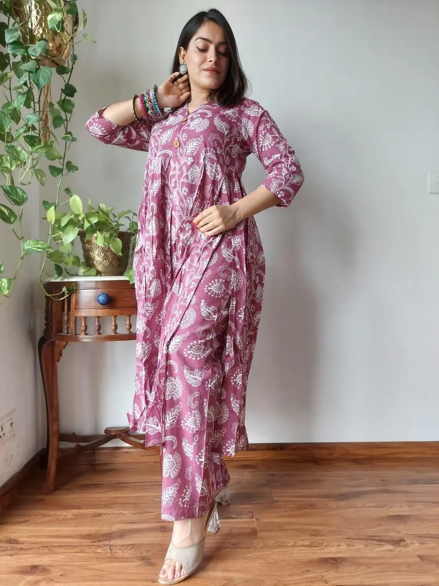 Purple Floral Bagru print Naira Cut Suit Set