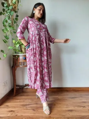 Purple Floral Bagru print Naira Cut Suit Set