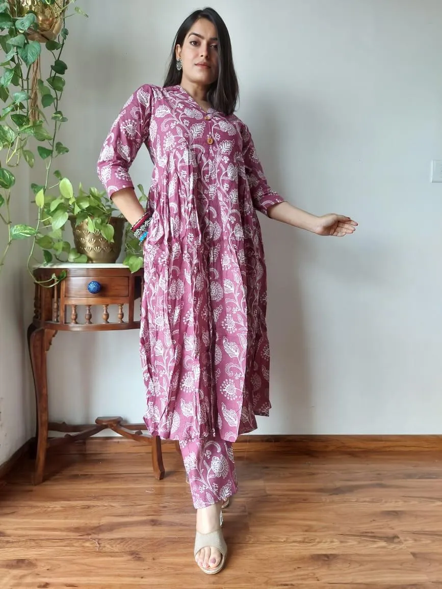 Purple Floral Bagru print Naira Cut Suit Set
