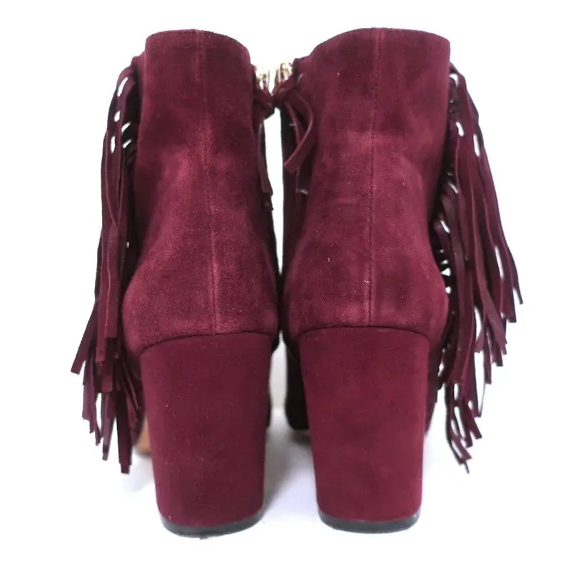 Rebecca Minkoff Fringe Ankle Boots Ilan Wine Suede Size 9 Pointed Toe Booties