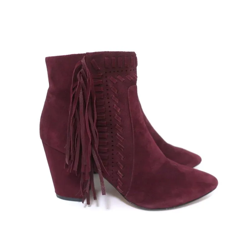 Rebecca Minkoff Fringe Ankle Boots Ilan Wine Suede Size 9 Pointed Toe Booties