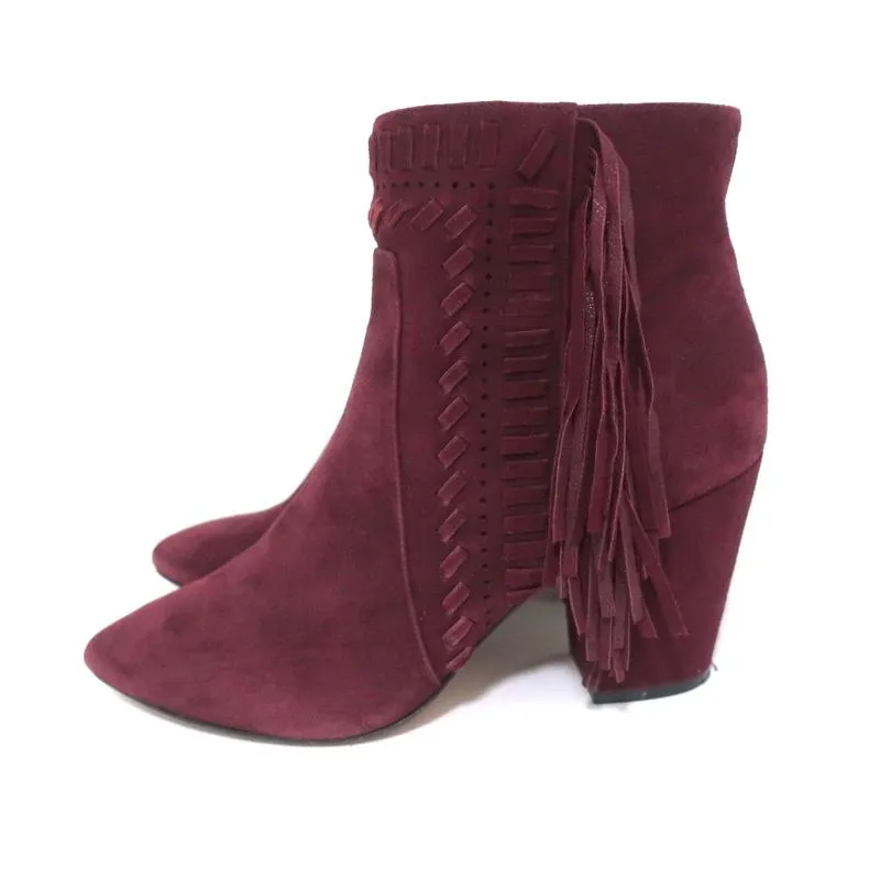 Rebecca Minkoff Fringe Ankle Boots Ilan Wine Suede Size 9 Pointed Toe Booties