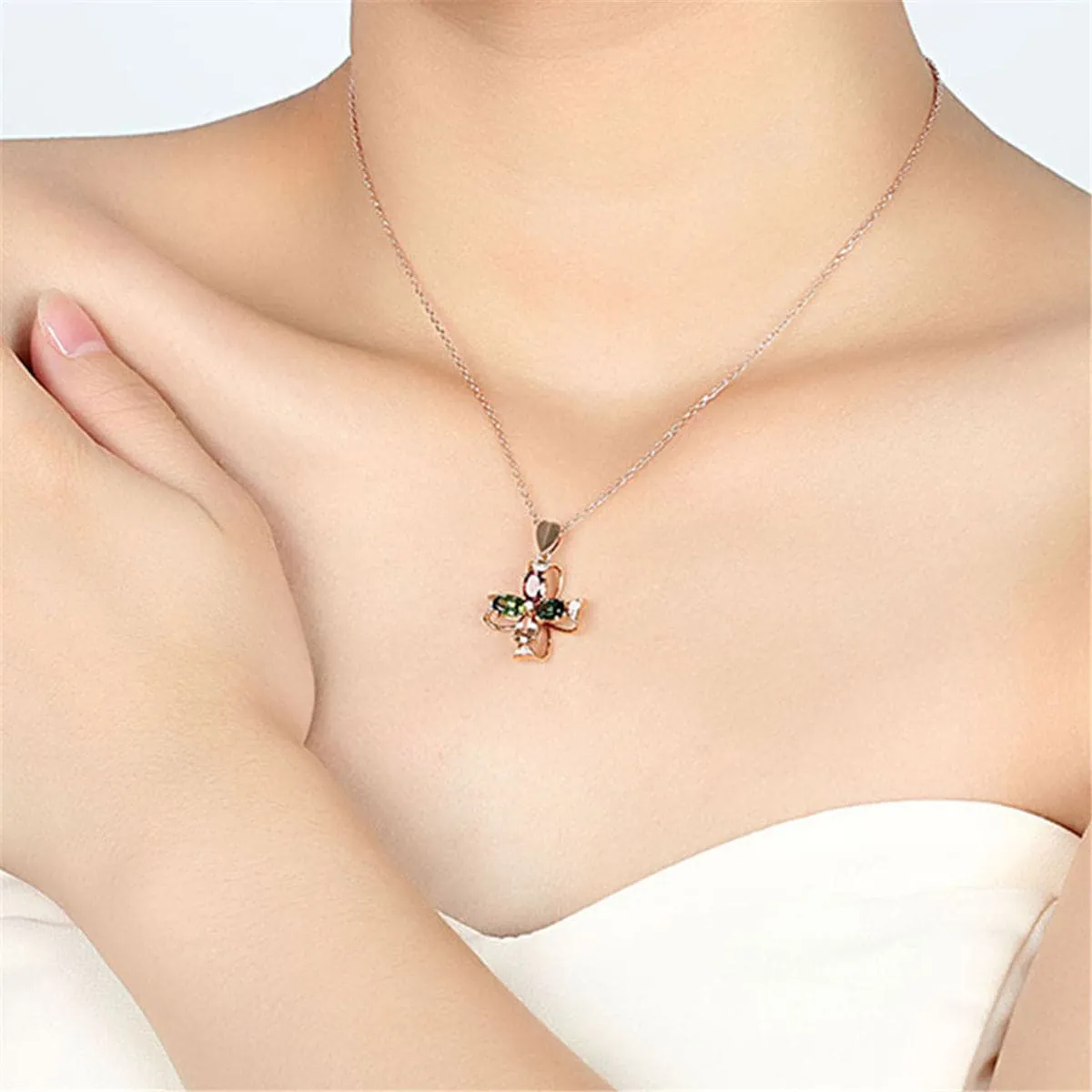 Red & Blue Cubic Zirconia Floral Pendant Necklace