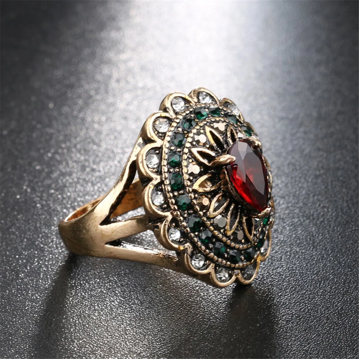 Red Crystal & Cubic Zirconia 18K Gold-Plated Pear Openwork Ring