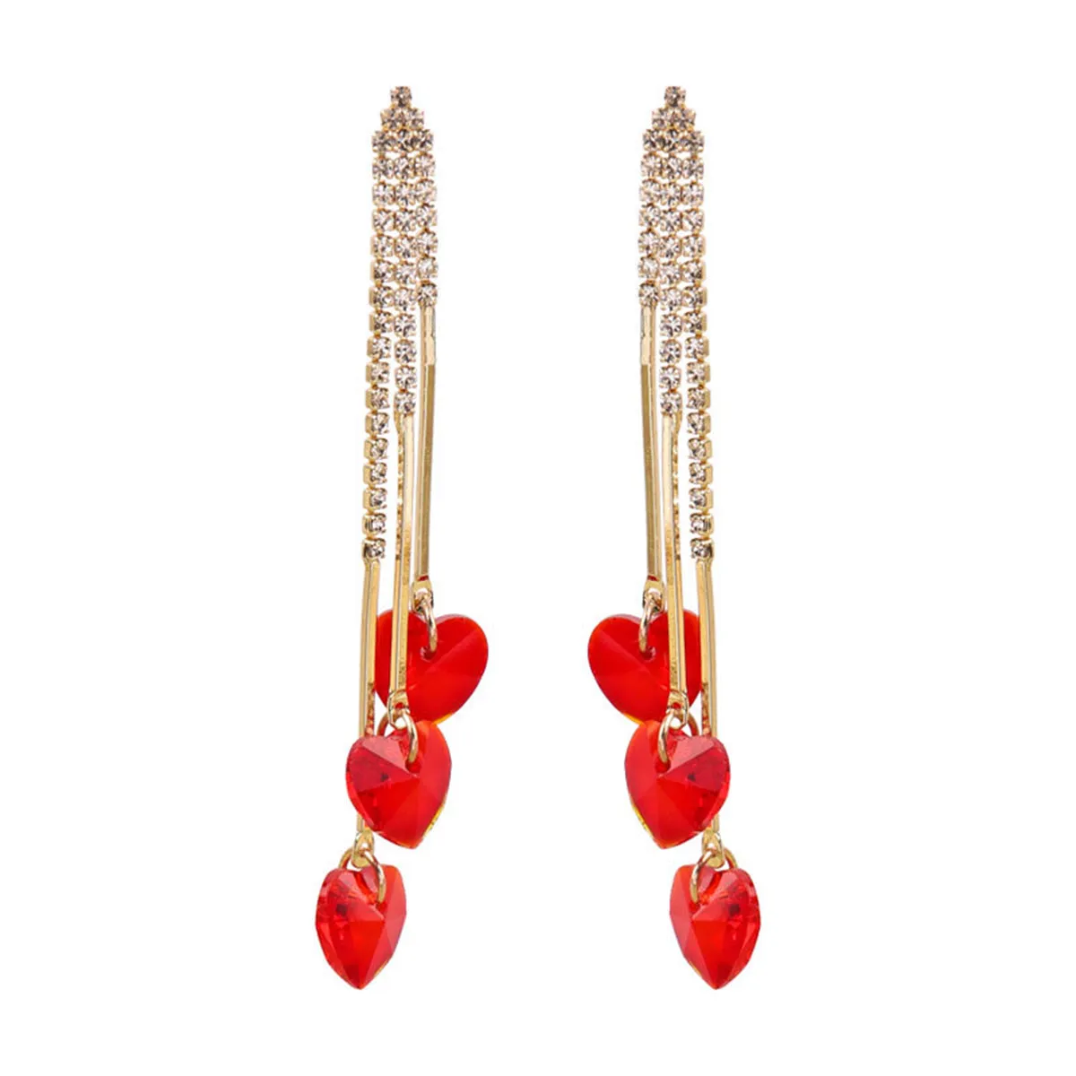 Red Crystal & Cubic Zirconia Heart Tassel Drop Earrings
